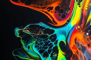 colorful mix of neon paints swirling on black surface